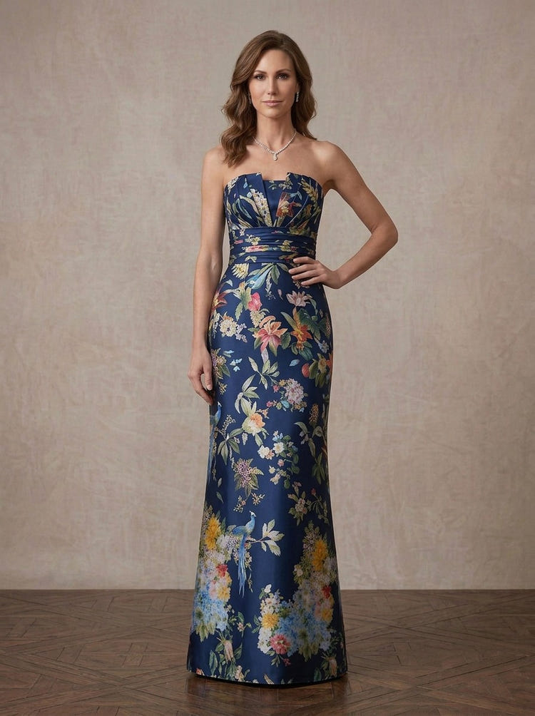 Satin Sheath Strapless Maxi Mother of the Bride Dresses with Floral Print