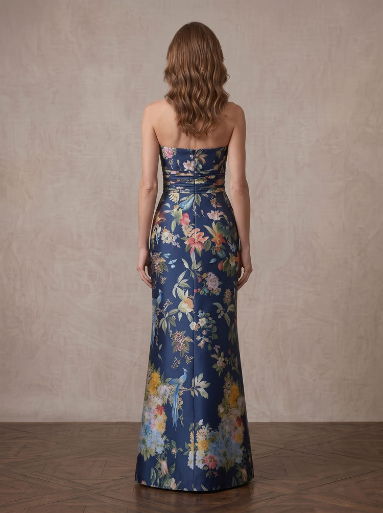 Satin Sheath Strapless Maxi Mother of the Bride Dresses with Floral Print