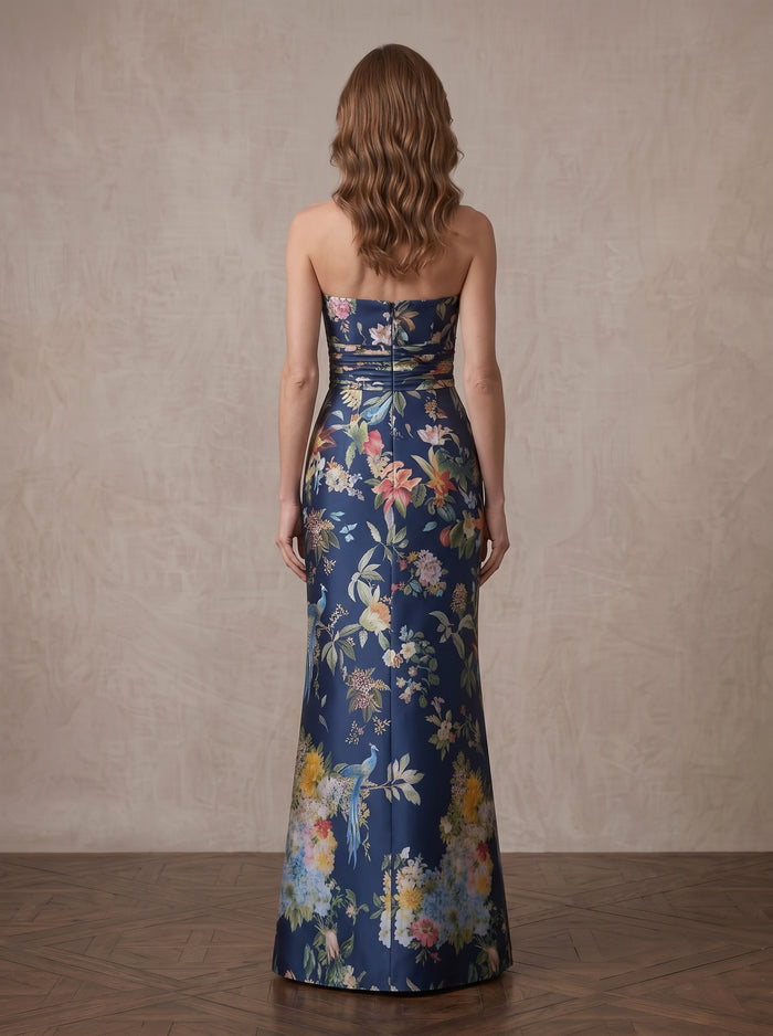 Satin Sheath Strapless Maxi Mother of the Bride Dresses with Floral Print