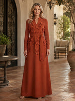 Jersey Sheath Notched Lapel Blazer Collar Midi Mother of the Bride Dresses with Faux Leather Belt