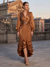 Satin Sheath Stand Collar Maxi Mother of the Bride Dresses Gathered Waist With Sparkling Rhinestone Circular Buckle