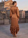 Satin Sheath Stand Collar Maxi Mother of the Bride Dresses Gathered Waist With Sparkling Rhinestone Circular Buckle