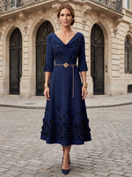 Jersey A-Line V Neck Midi Mother of the Bride Dresses with Metal Chain Belt