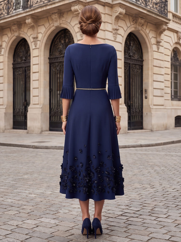 Jersey A-Line V Neck Midi Mother of the Bride Dresses with Metal Chain Belt