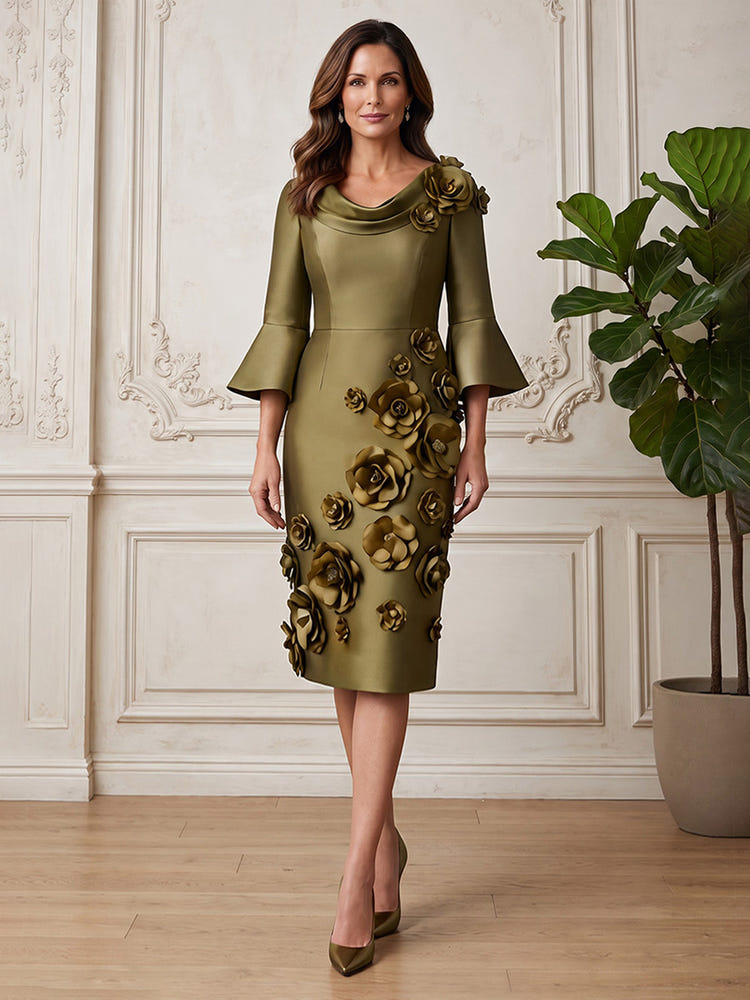 Satin Sheath Cowl Neck Midi Mother of the Bride Dresses with 3D Flowers