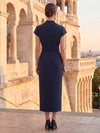 Jersey Sheath Stand Collar Midi Mother of the Bride Dresses with Braided Rope Sash