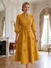 Jersey A-Line Stand Collar Midi Mother of the Bride Dresses with 3D Flowers