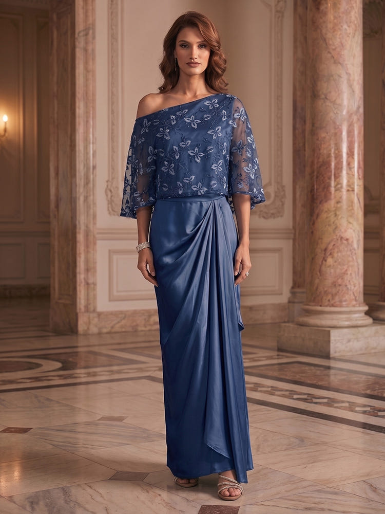Satin Sheath One Shoulder Maxi Mother of the Bride Dresses with Side Waist Ruched