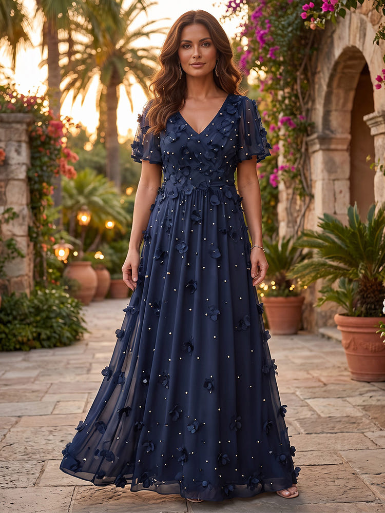 Tulle A-Line V Neck Maxi Mother of the Bride Dresses with Beaded