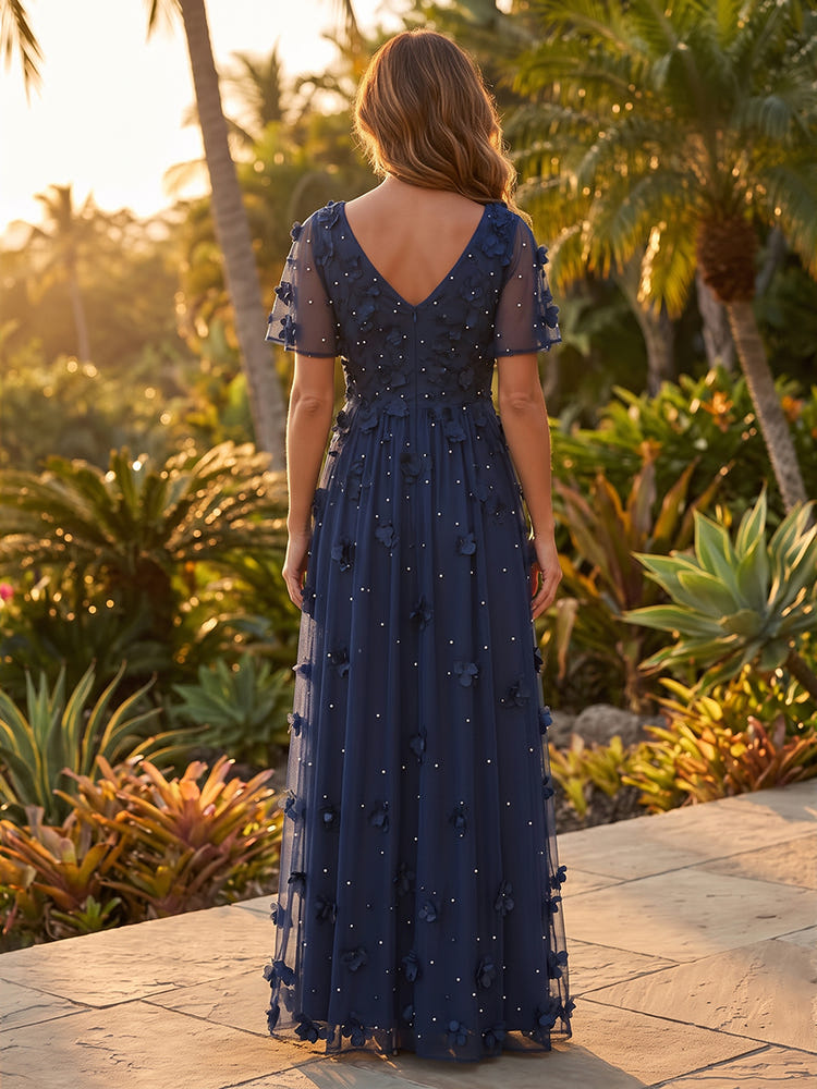 Tulle A-Line V Neck Maxi Mother of the Bride Dresses with Beaded