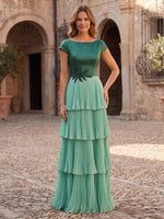 Chiffon A-Line Boat Neck Maxi Mother of the Bride Dresses with Delicate Pleated