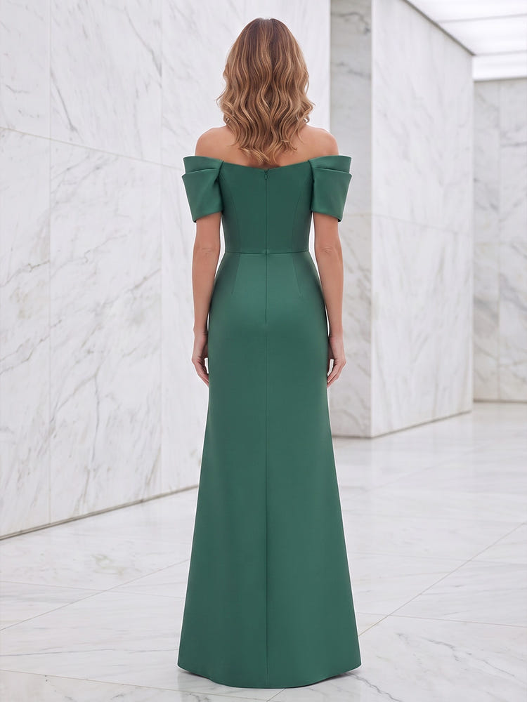 Satin A-Line Off Shoulder Maxi Mother of the Bride Dresses with Delicate Pleated