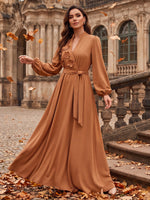 Satin A-Line Stand Collar Maxi Mother of the Bride Dresses with Self‑Tie Matching Chiffon Waist Sash