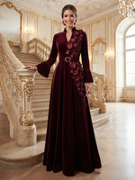 Velvet A-Line Stand Collar Maxi Mother of the Bride Dresses with 3D Flowers