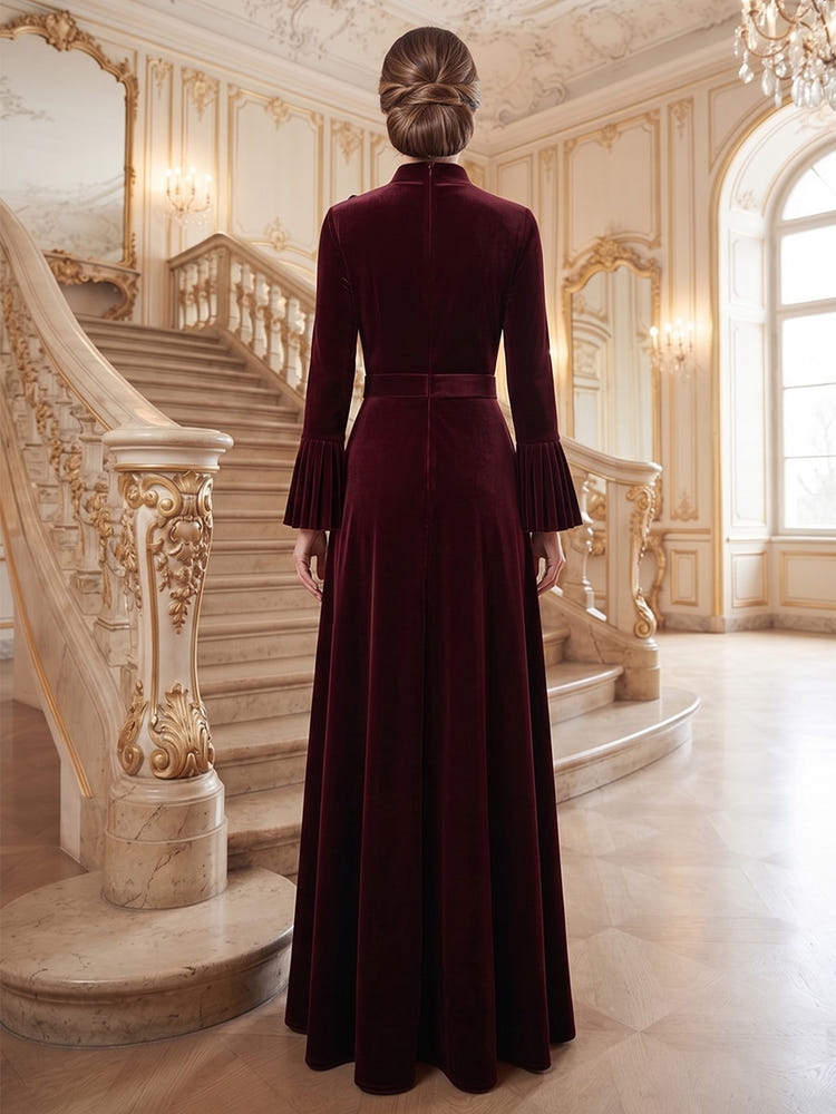 Velvet A-Line Stand Collar Maxi Mother of the Bride Dresses with 3D Flowers