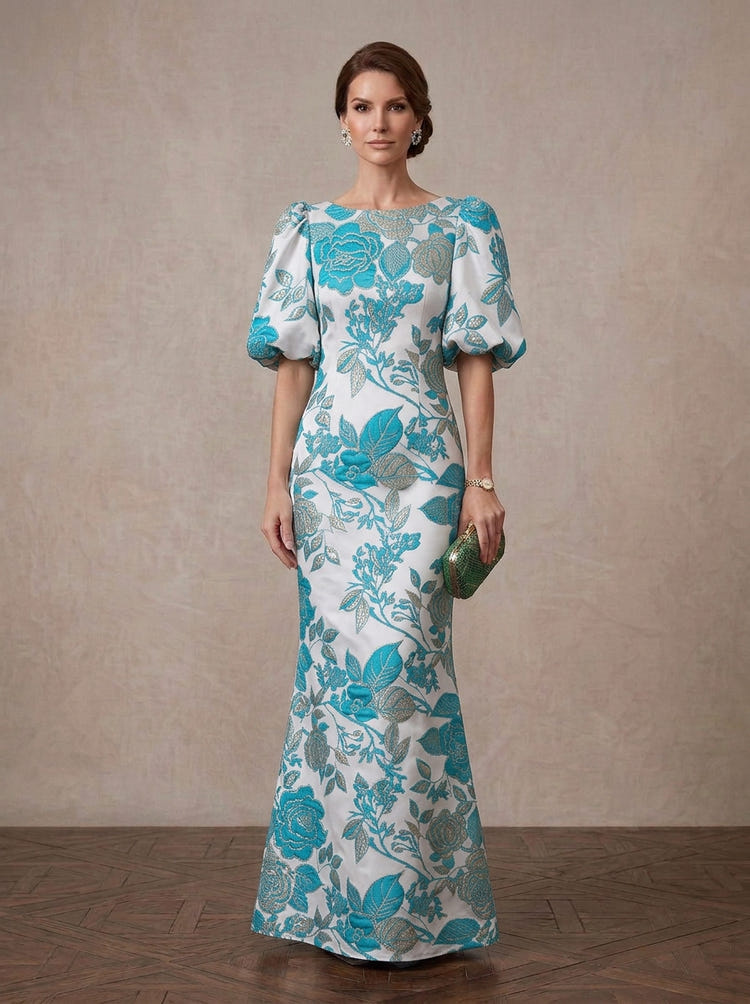 Jacquard Mermaid Crew Neck Maxi Mother of the Bride Dresses with Floral