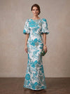 Jacquard Mermaid Crew Neck Maxi Mother of the Bride Dresses with Floral
