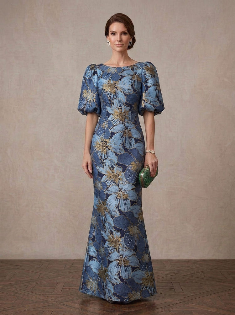 Jacquard Mermaid Crew Neck Maxi Mother of the Bride Dresses with Floral