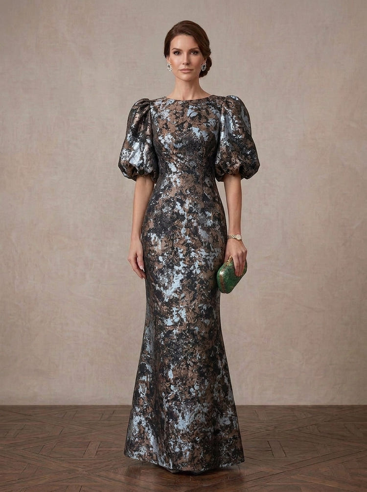 Jacquard Mermaid Crew Neck Maxi Mother of the Bride Dresses with Floral