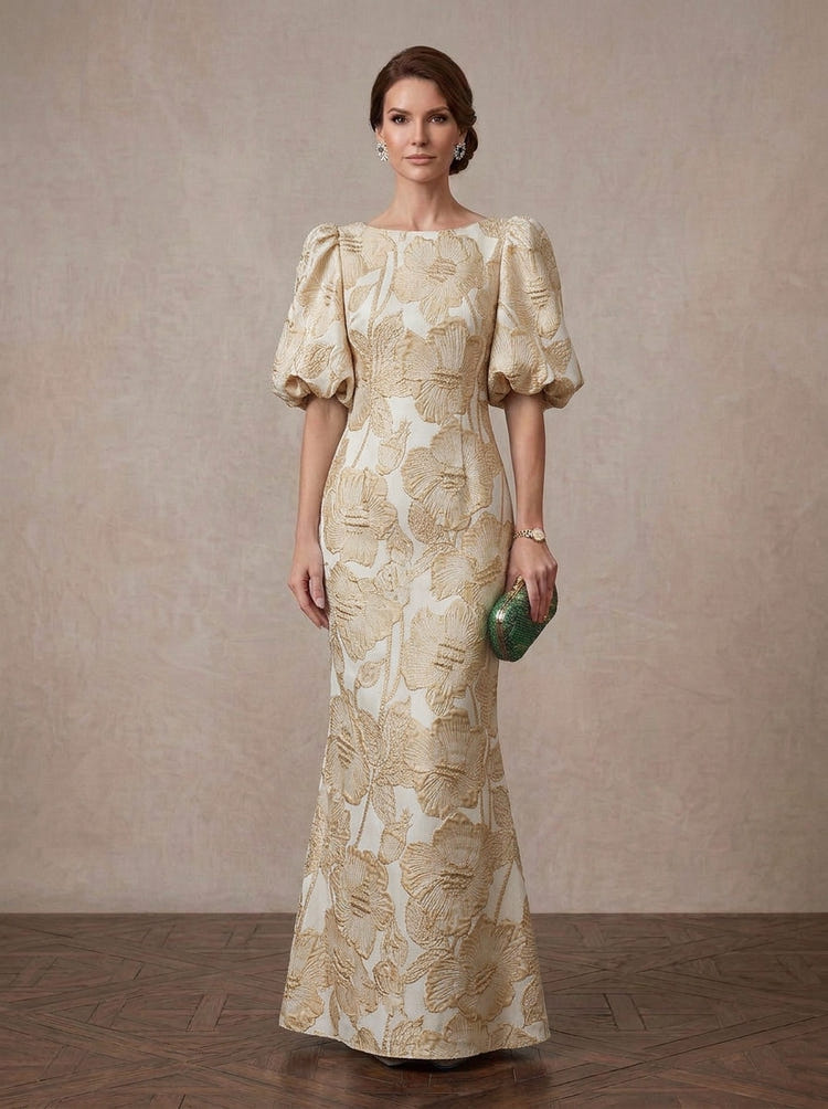 Jacquard Mermaid Crew Neck Maxi Mother of the Bride Dresses with Floral