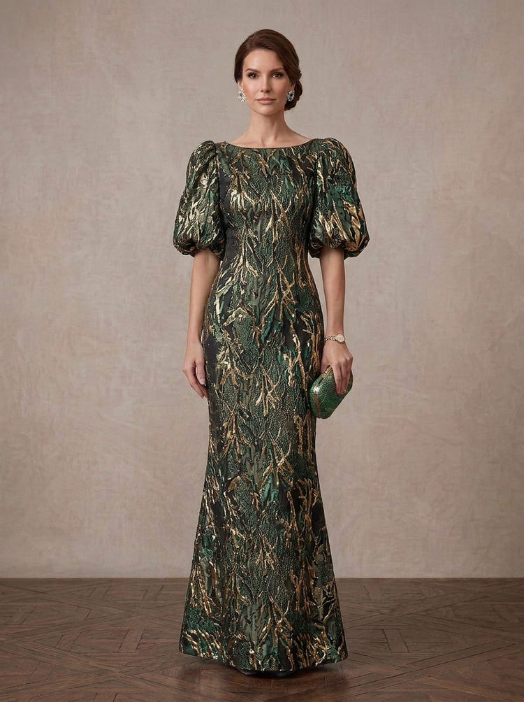 Jacquard Mermaid Crew Neck Maxi Mother of the Bride Dresses with Floral
