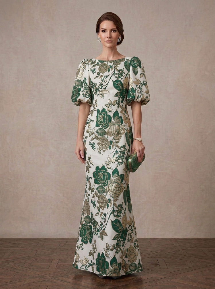Jacquard Mermaid Crew Neck Maxi Mother of the Bride Dresses with Floral