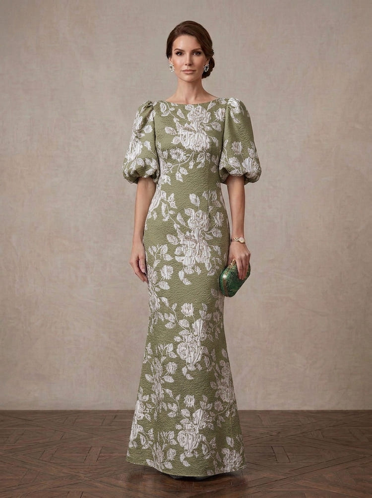 Jacquard Mermaid Crew Neck Maxi Mother of the Bride Dresses with Floral