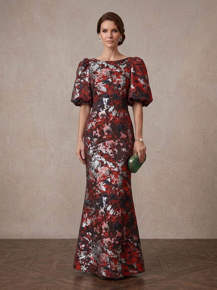 Jacquard Mermaid Crew Neck Maxi Mother of the Bride Dresses with Floral