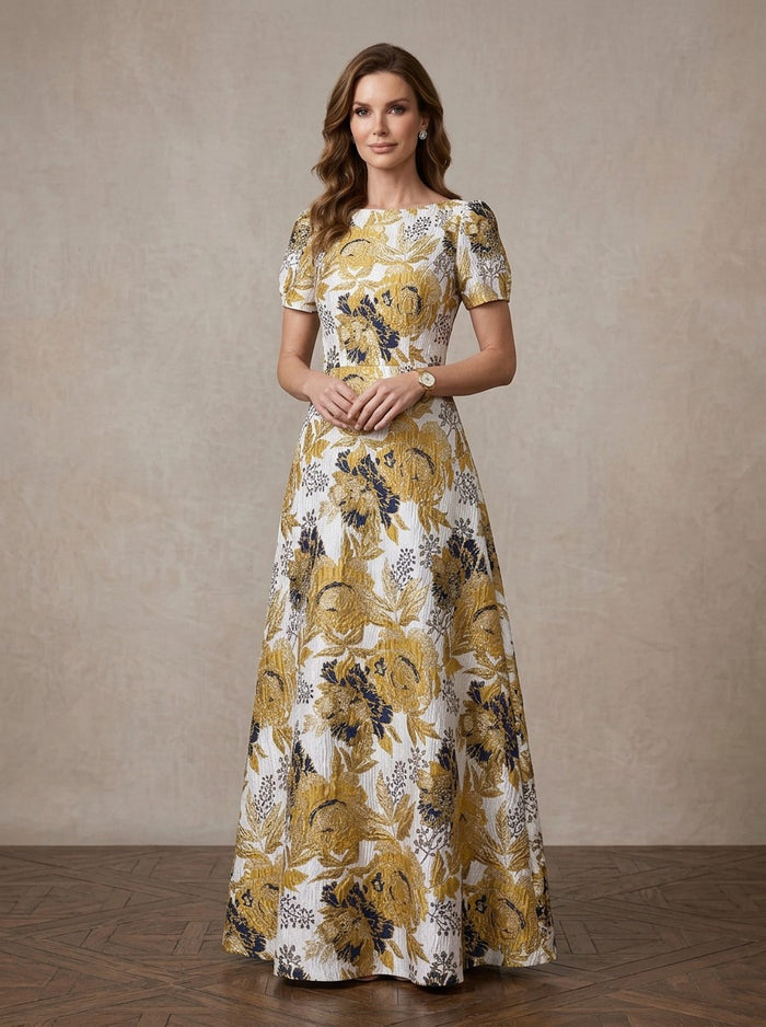 Jacquard A-Line Boat Neck Maxi Mother of the Bride Dresses with Floral