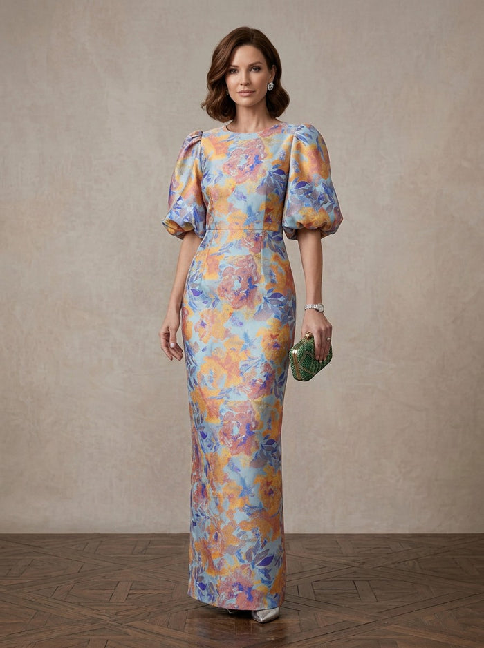 Jacquard Sheath Crew Neck Maxi Mother of the Bride Dresses with Slit