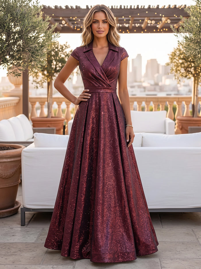 Sequins A-Line Notched Lapel Blazer Collar Maxi Mother of the Bride Dresses with Pleated