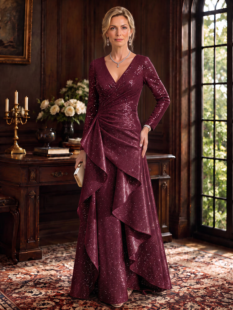 Sequins A-Line V Neck Maxi Mother of the Bride Dresses with Ruffles