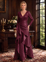 Sequins A-Line V Neck Maxi Mother of the Bride Dresses with Ruffles