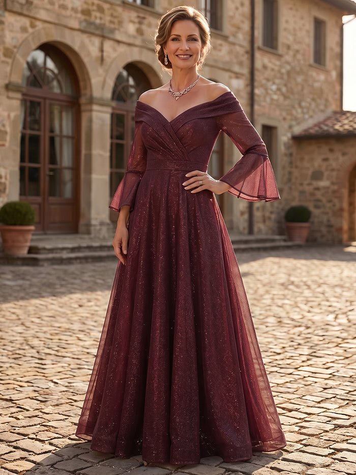 Mesh A-Line Off Shoulder Maxi Mother of the Bride Dresses with Pleated