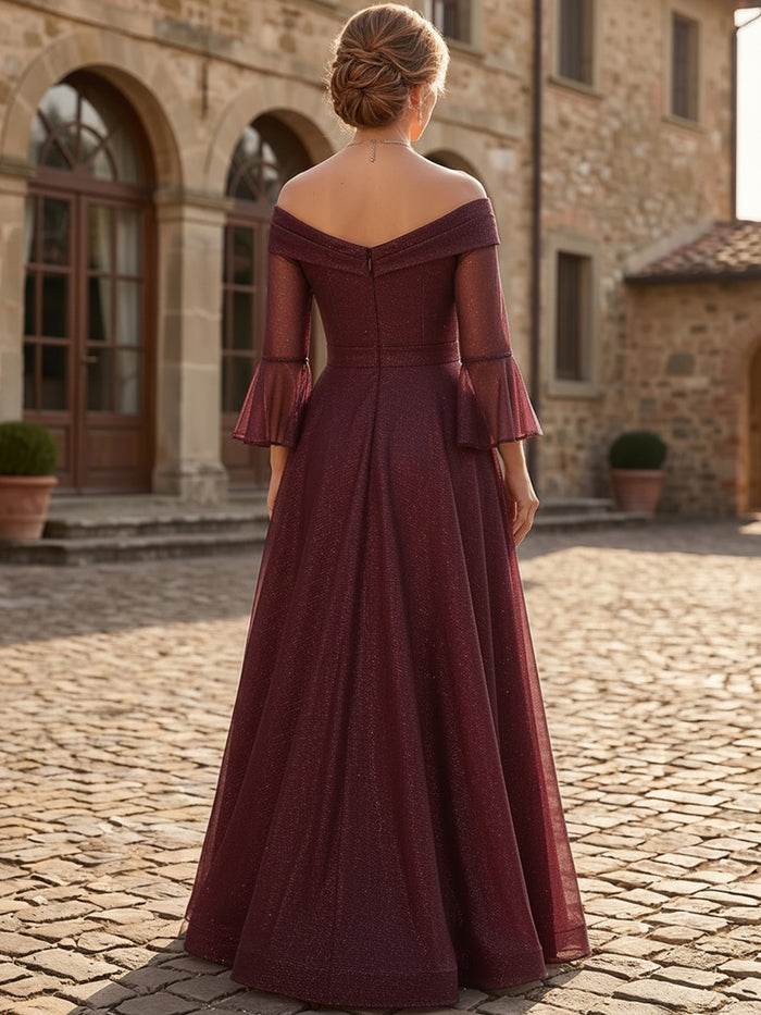 Mesh A-Line Off Shoulder Maxi Mother of the Bride Dresses with Pleated