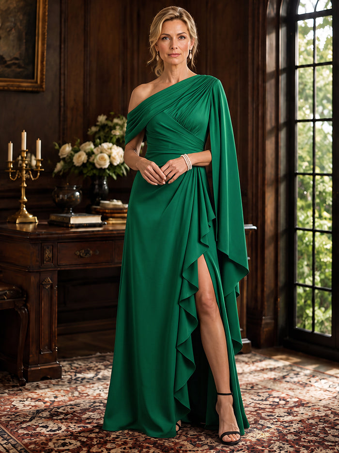 Satin A-Line One Shoulder Maxi Mother of the Bride Dresses with Draped Side Sash