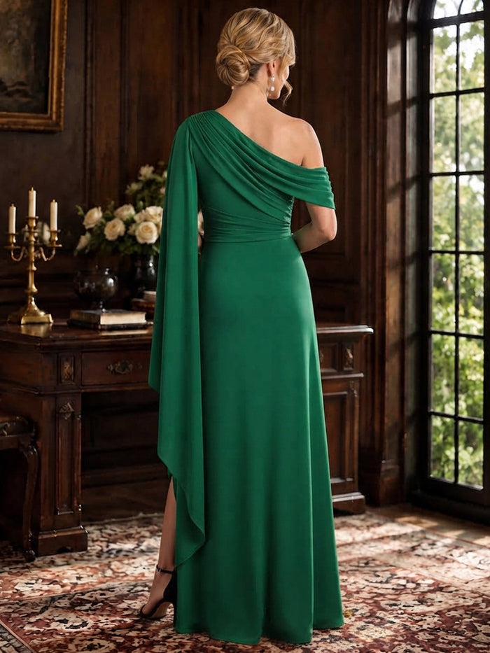Satin A-Line One Shoulder Maxi Mother of the Bride Dresses with Draped Side Sash