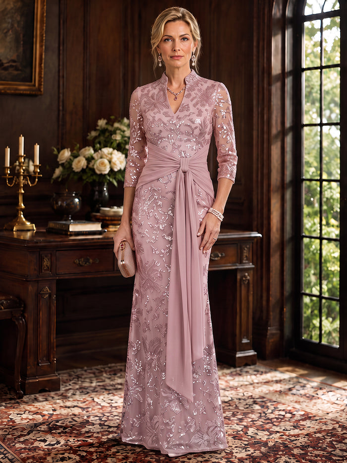 Mesh Sheath Stand Collar Maxi Mother of the Bride Dresses with Twisted Knot