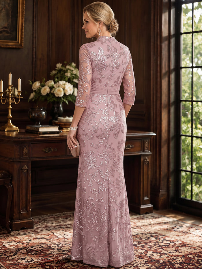 Mesh Sheath Stand Collar Maxi Mother of the Bride Dresses with Twisted Knot