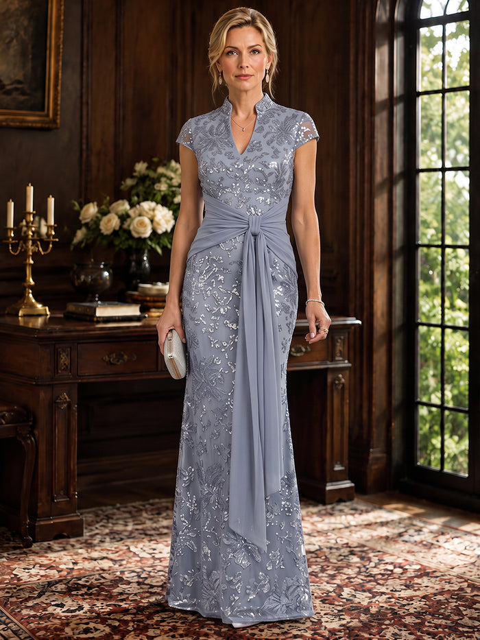 Mesh Sheath Stand Collar Maxi Mother of the Bride Dresses with Twisted Knot