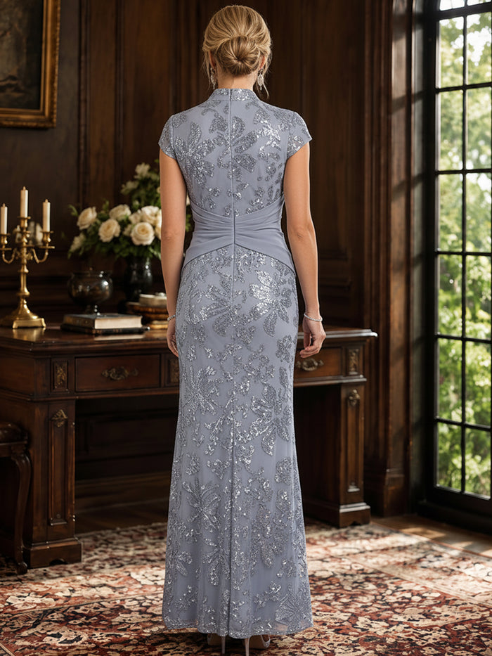 Mesh Sheath Stand Collar Maxi Mother of the Bride Dresses with Twisted Knot