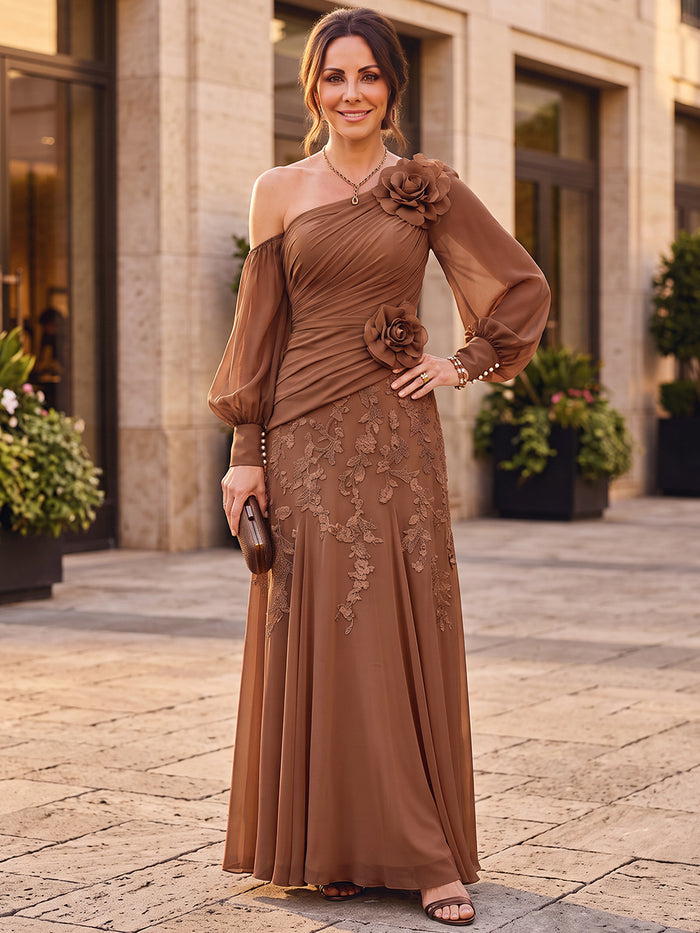 Chiffon A-Line One Shoulder Maxi Mother of the Bride Dresses with Floral Lace Applique