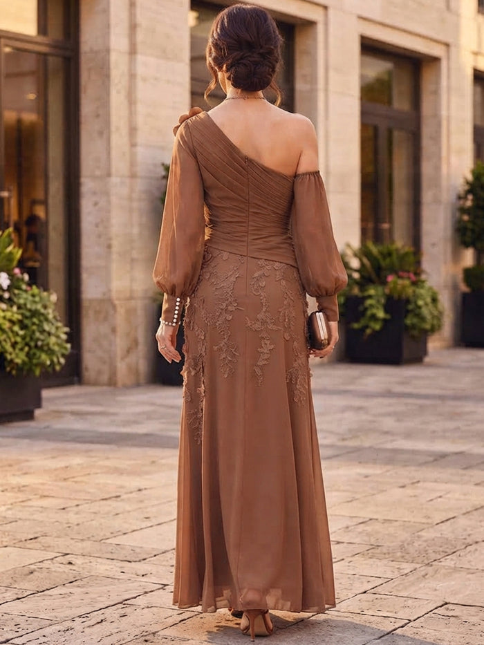 Chiffon A-Line One Shoulder Maxi Mother of the Bride Dresses with Floral Lace Applique