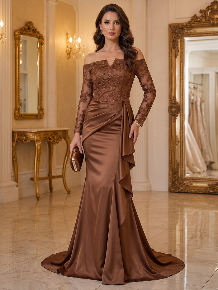 Satin Mermaid Off Shoulder Maxi Mother of the Bride Dresses with Floral Lace Applique