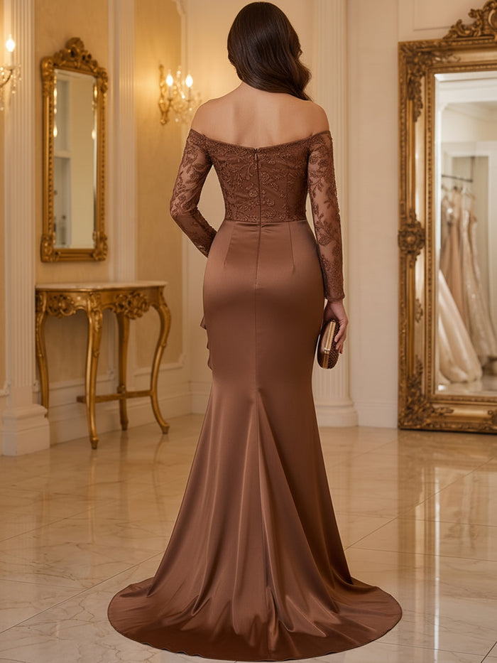 Satin Mermaid Off Shoulder Maxi Mother of the Bride Dresses with Floral Lace Applique