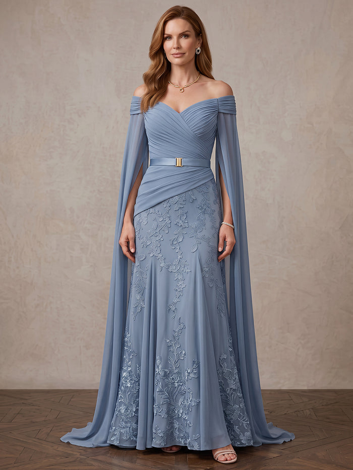 Chiffon A-Line Off Shoulder Maxi Mother of the Bride Dresses with Floral Lace Applique