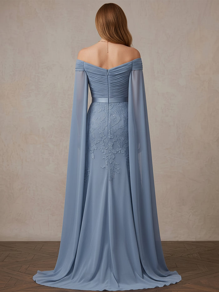 Chiffon A-Line Off Shoulder Maxi Mother of the Bride Dresses with Floral Lace Applique