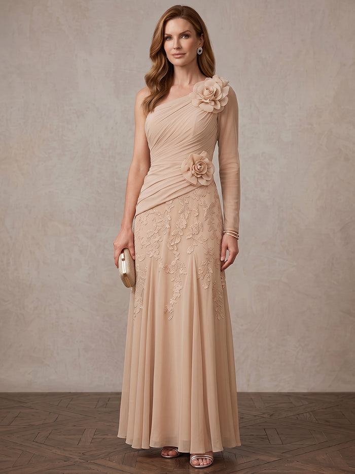 Chiffon A-Line One Shoulder Maxi Mother of the Bride Dresses with Floral Lace Applique