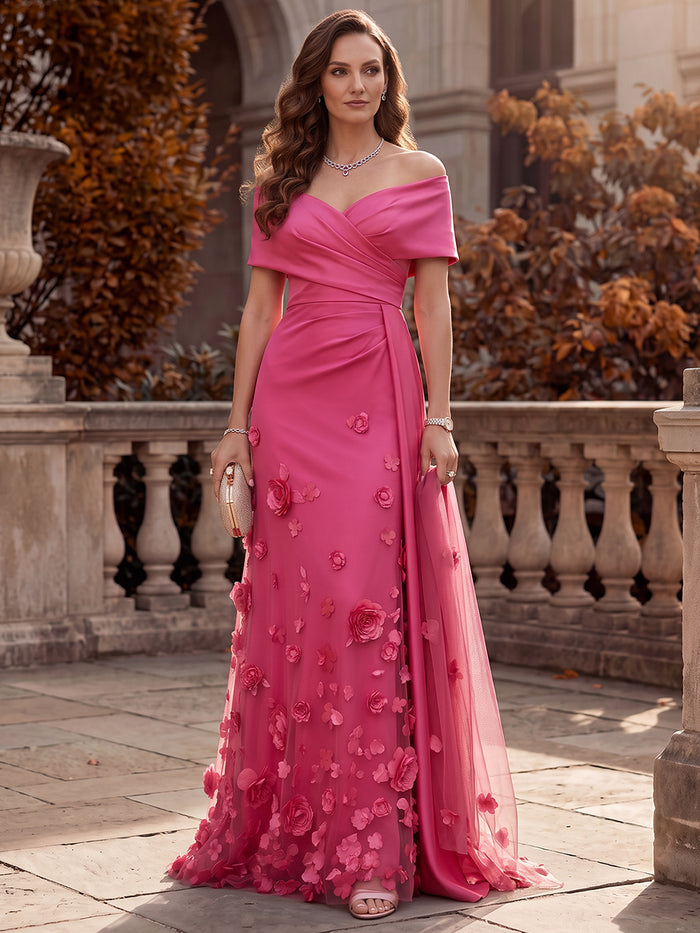 Satin A-Line Off Shoulder Maxi Mother of the Bride Dresses with Tulle Overlay & 3D Flowers