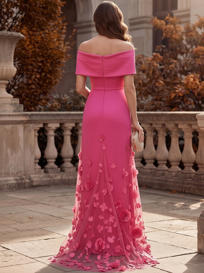 Satin A-Line Off Shoulder Maxi Mother of the Bride Dresses with Tulle Overlay & 3D Flowers